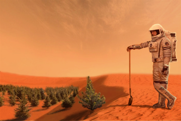 painting of astronaut planting trees on Mars